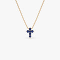 14k Solid Gold Round Sapphire Tiny Cross Pendant Necklace 0.20 Carat Prong Setting