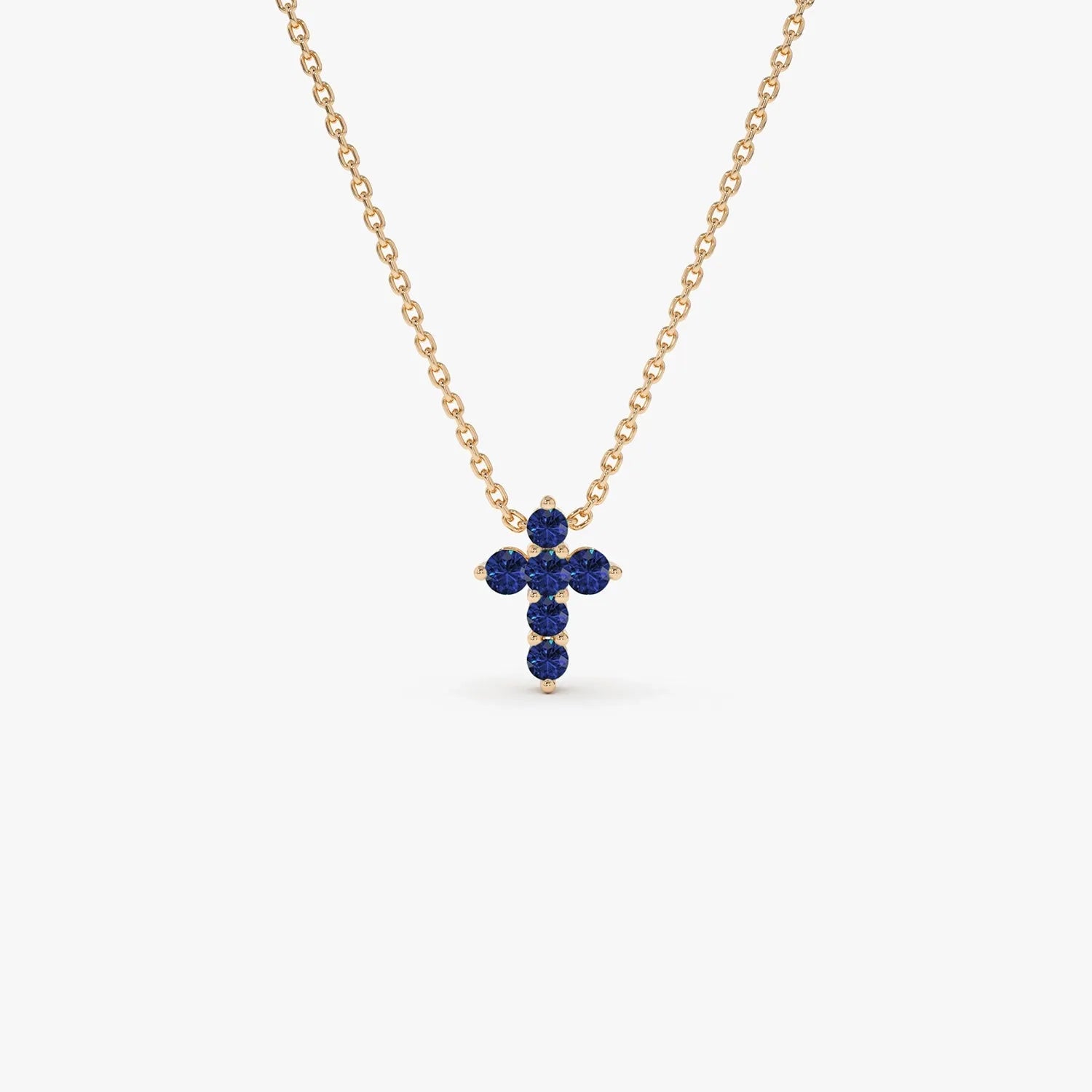14k Solid Gold Round Sapphire Tiny Cross Pendant Necklace 0.20 Carat Prong Setting