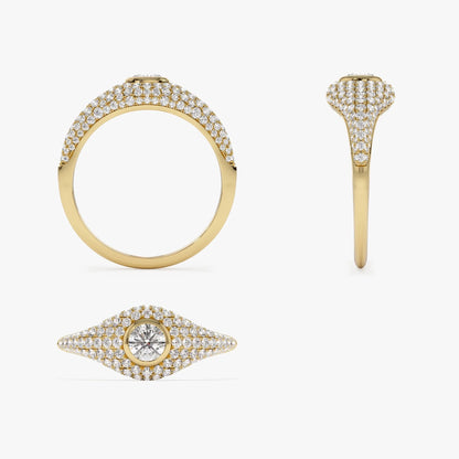 14k Solid Gold Round and Pear Diamond 0.75 Carat Pave Setting Signet Ring
