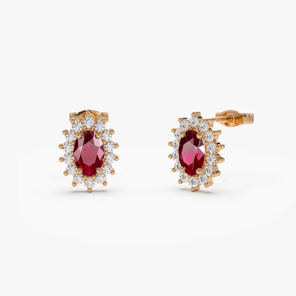 14k Gold Ruby and Diamond Oval Cut Stud Earrings 0.78 ctw