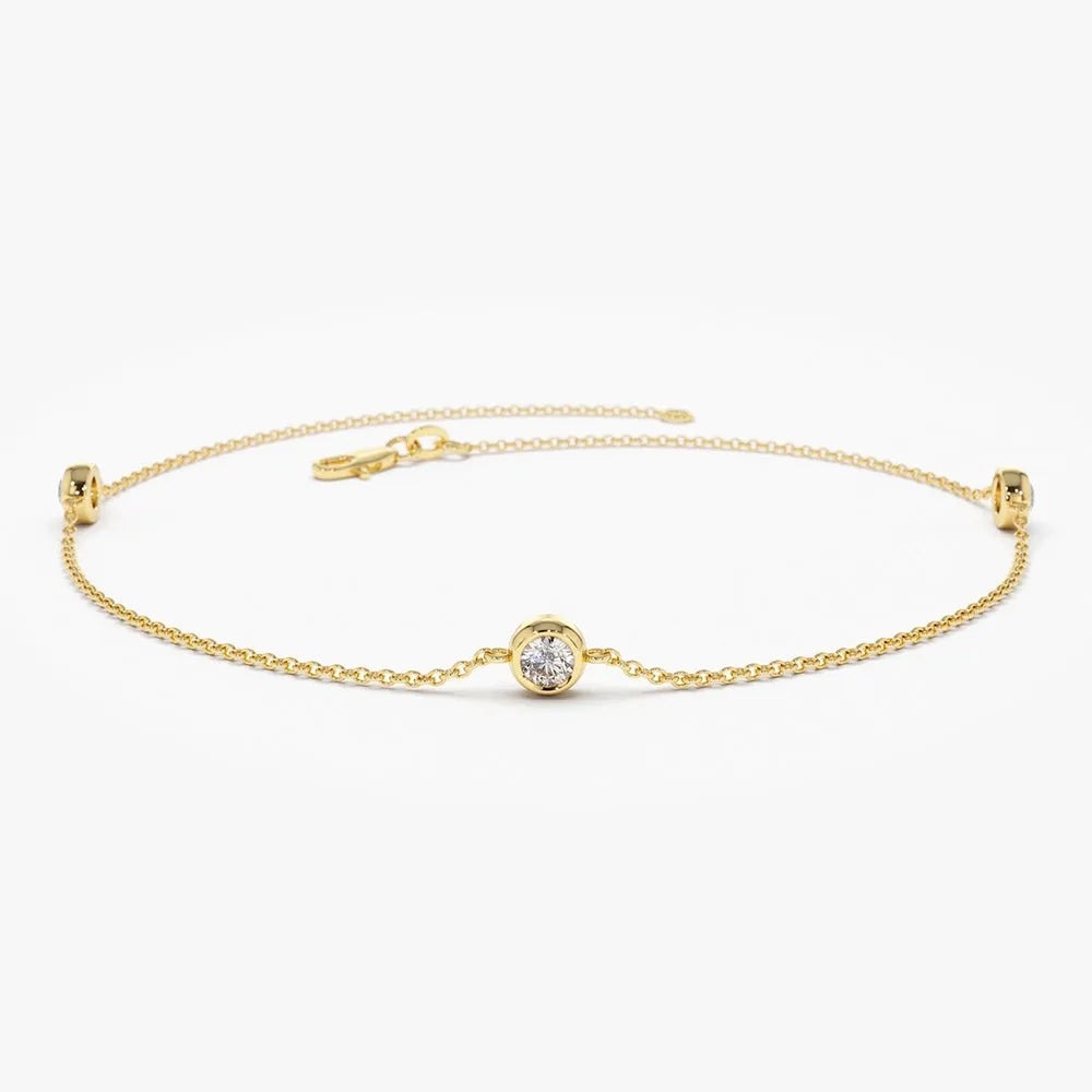 14K Solid Gold 0.30 CTW Round Diamond Three Stone Bezel Set Bracelet