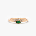 14K Solid Gold Horizontal Marquise Emerald and Round Diamond Eye Ring 0.12 CTW Micro Pave Bezel Set