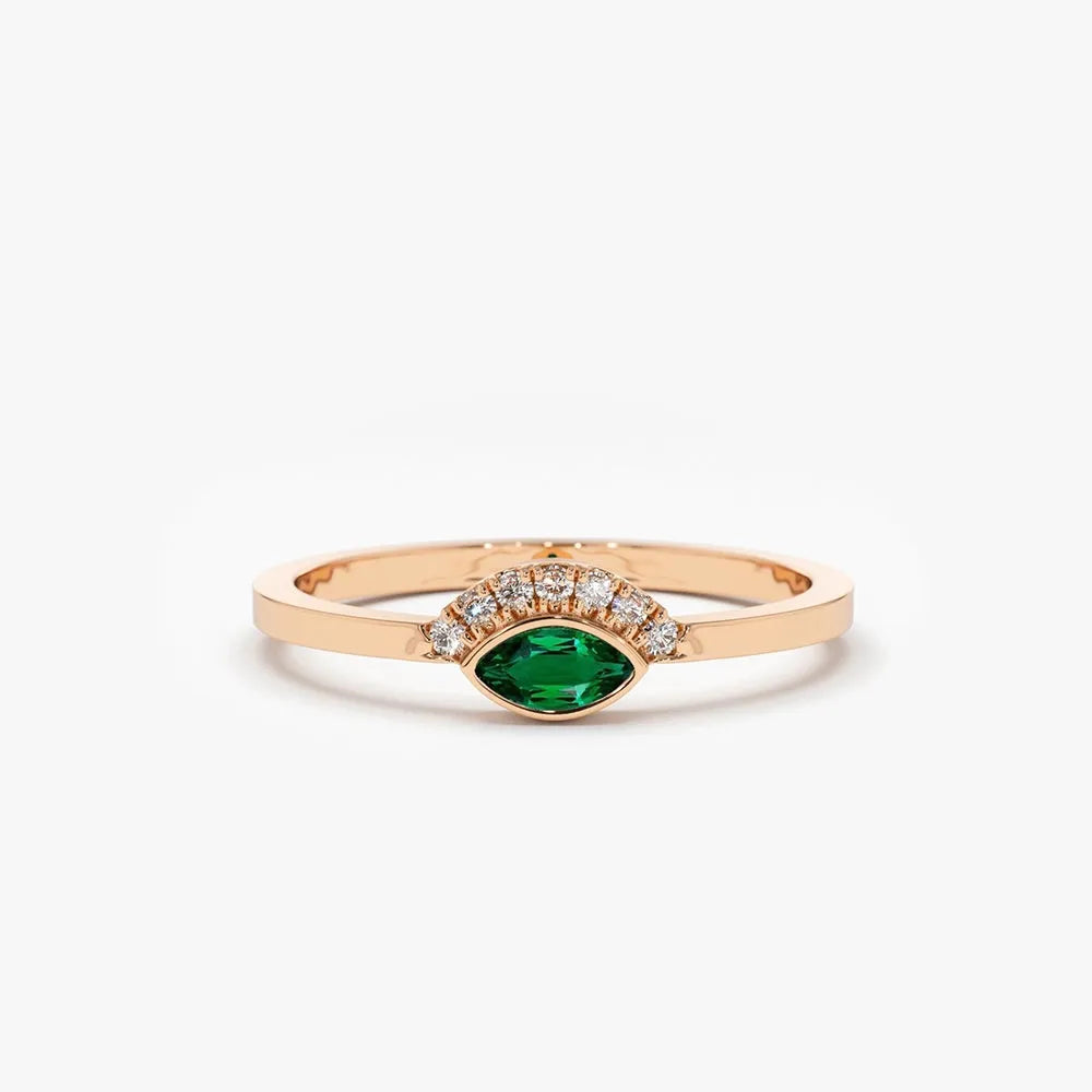 14K Solid Gold Horizontal Marquise Emerald and Round Diamond Eye Ring 0.12 CTW Micro Pave Bezel Set