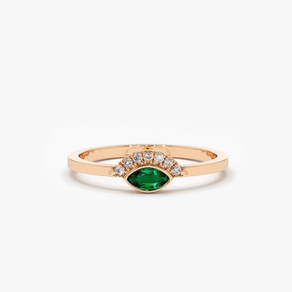 14K Solid Gold Horizontal Marquise Emerald and Round Diamond Eye Ring 0.12 CTW Micro Pave Bezel Set