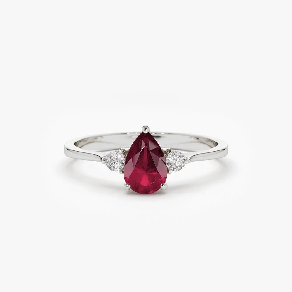 14k Gold Ruby and Diamond Pear Cut Three Stone Ring 0.47 ctw