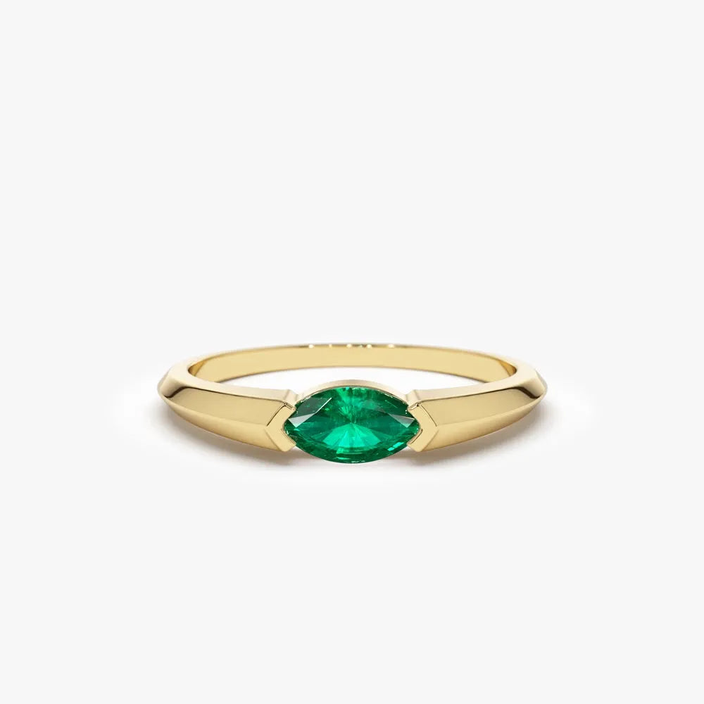14K Gold Horizontal Marquise Natural Emerald Ring 0.25 CTW Handcrafted Jewelry