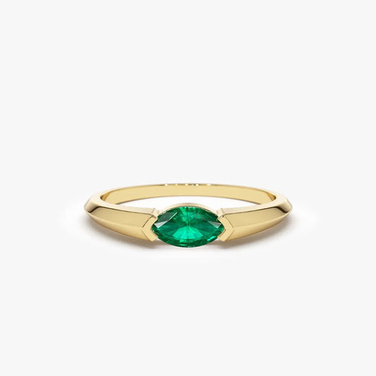 14K Gold Horizontal Marquise Natural Emerald Ring 0.25 CTW Handcrafted Jewelry