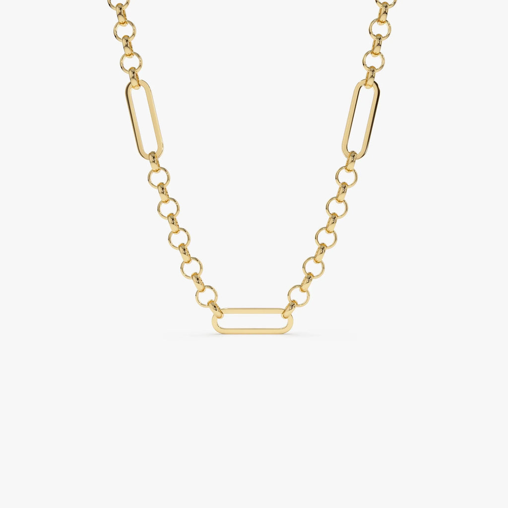 14k Solid Gold Rolo and Paperclip Mixed Link Chain Necklace