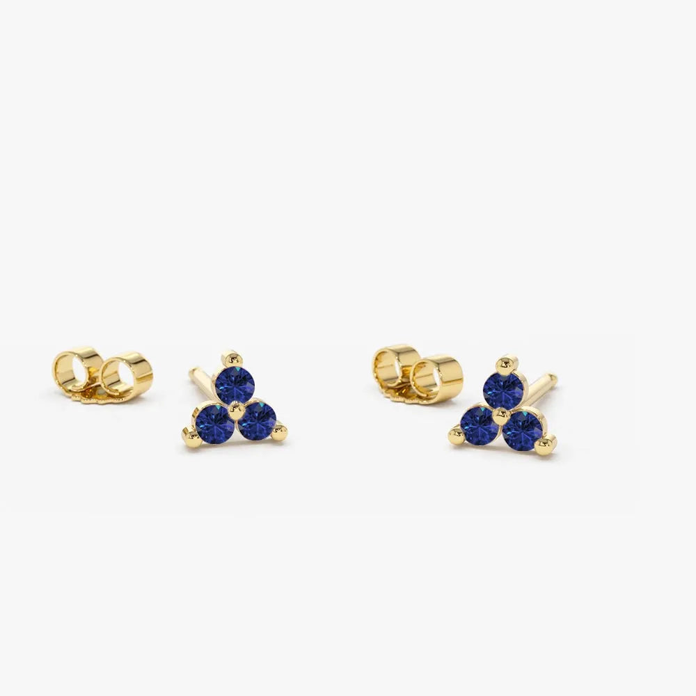 14K Solid Gold Round Sapphire Trio Prong Set Stud Earrings 0.15 CTW