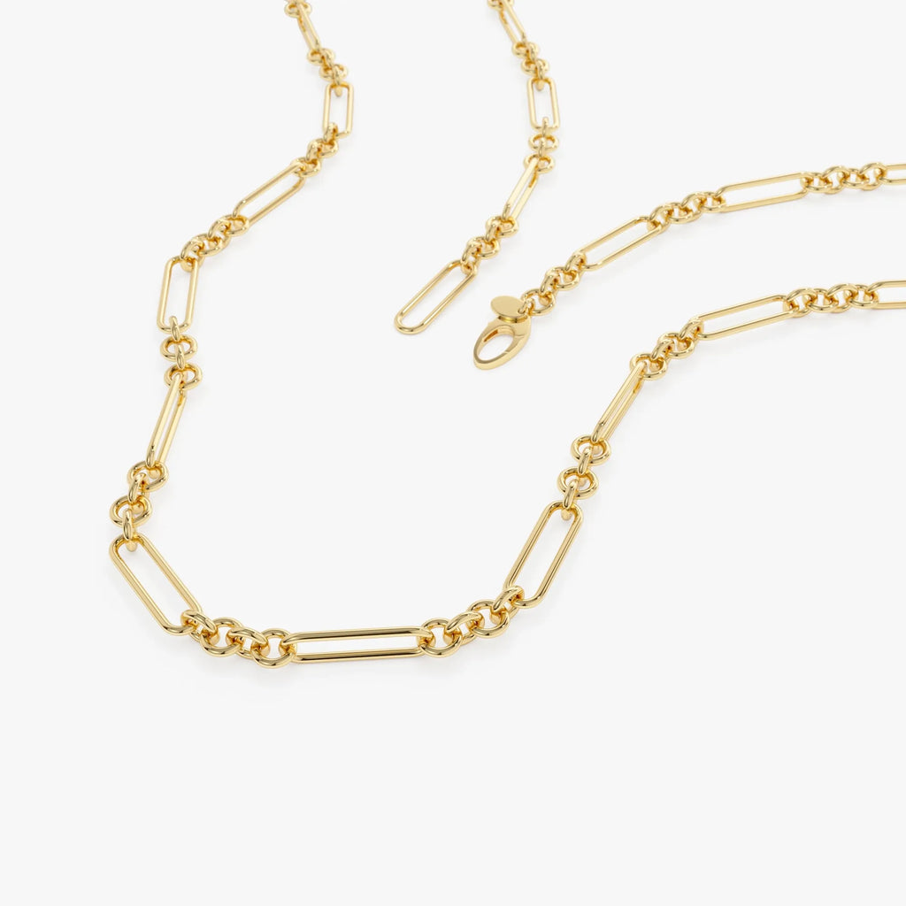 14k Solid Gold Mixed Round and Oval Paperclip Link Bolo Chain Necklace