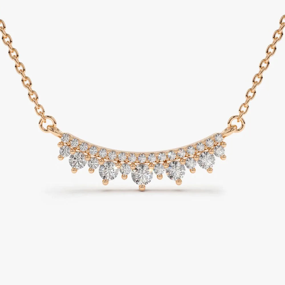 14K Solid Gold Round Diamond Curved Bar Necklace Micro Pave 0.39ctw