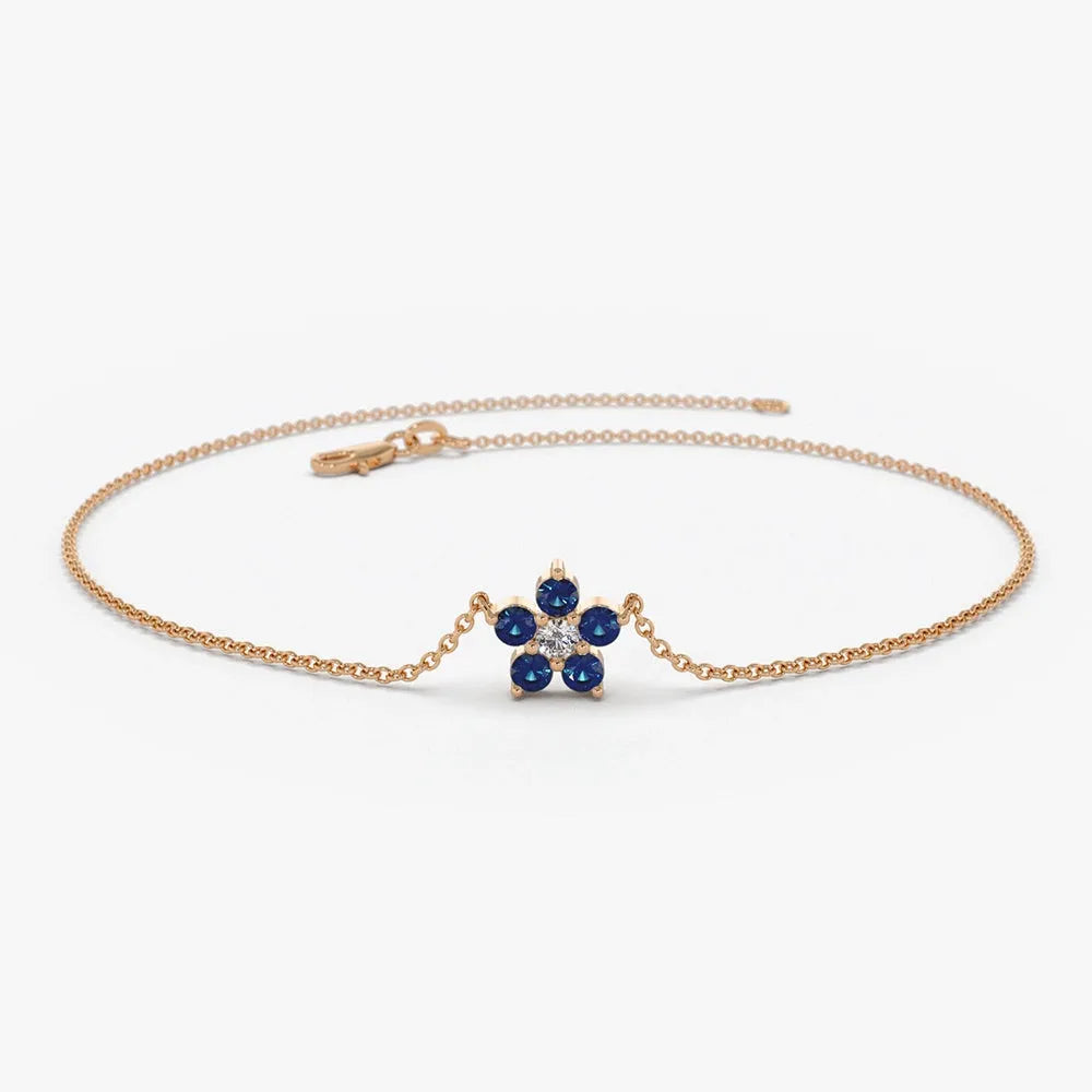 14K Solid Gold Round Sapphire and Diamond Flower Charm Bracelet