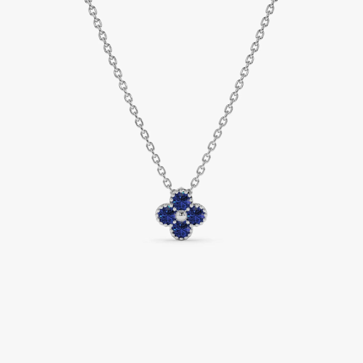 14k Solid Gold Round Sapphire Clover Beaded Necklace 0.18 Carat Prong Setting
