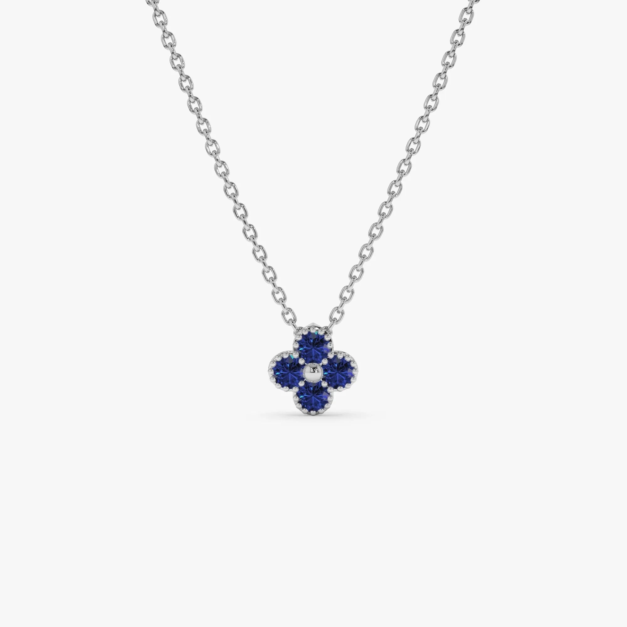 14k Solid Gold Round Sapphire Clover Beaded Necklace 0.18 Carat Prong Setting