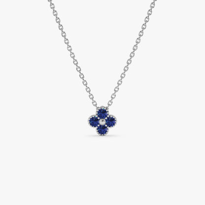 14k Solid Gold Round Sapphire Clover Beaded Necklace 0.18 Carat Prong Setting
