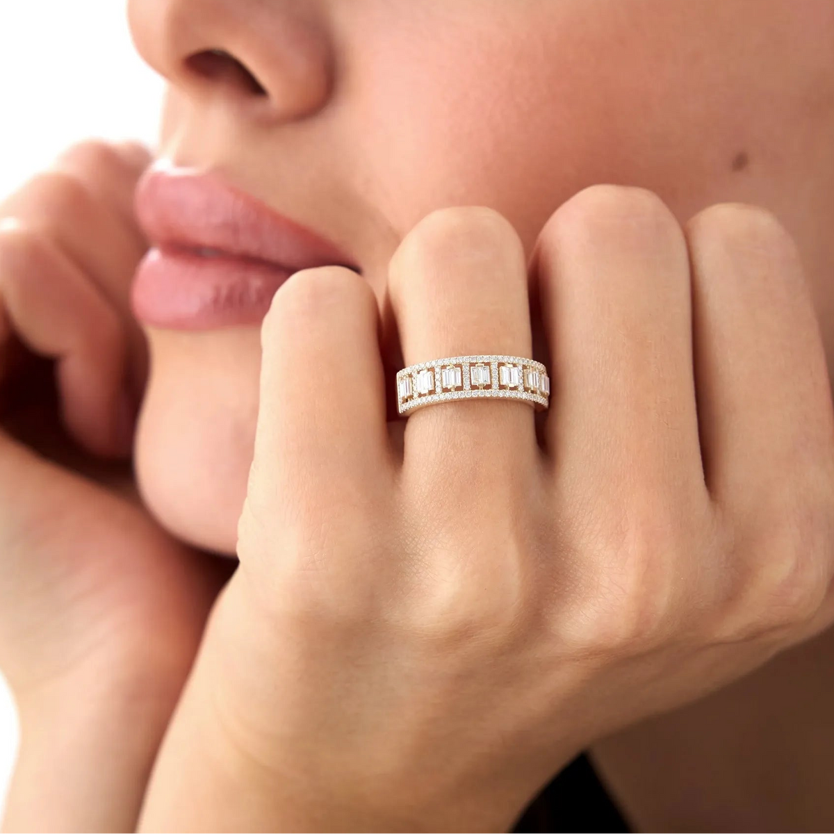 14k Gold Diamond Baguette and Round Cut Wide Pave Ring 0.60 ctw