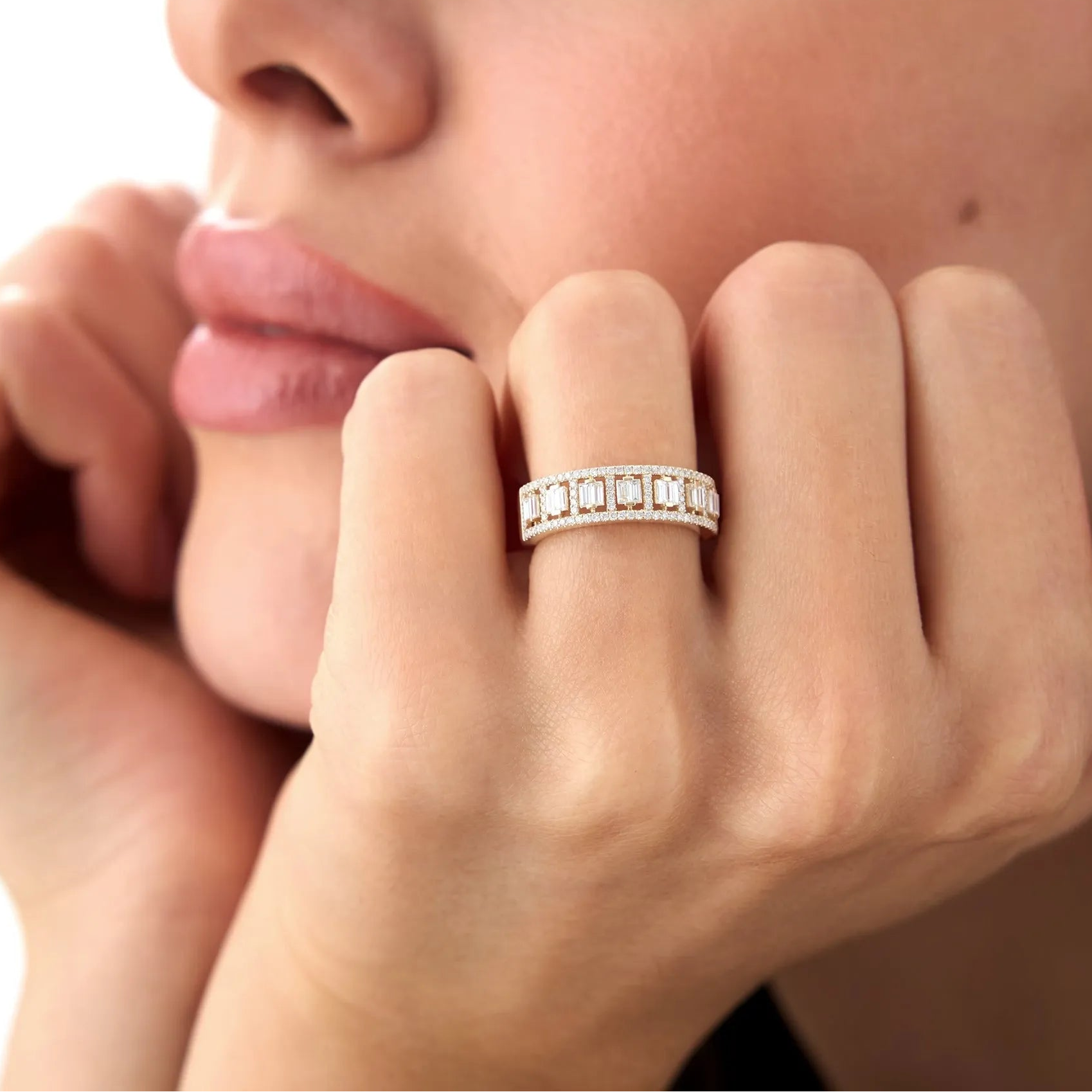 14k Gold Diamond Baguette and Round Cut Wide Pave Ring 0.60 ctw