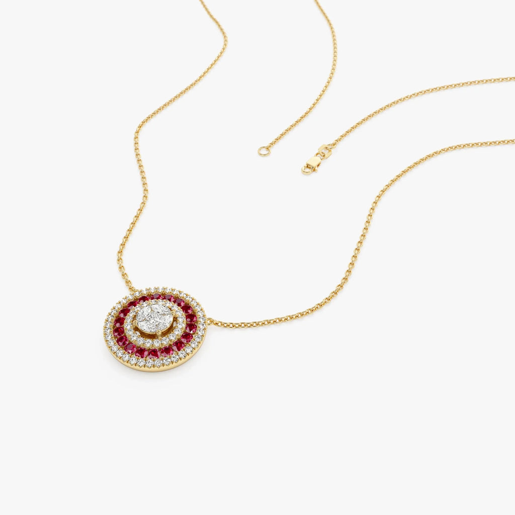 14k Solid Gold Ruby and Diamond Round Princess Marquise Illusion Medallion Necklace 0.75 Carat