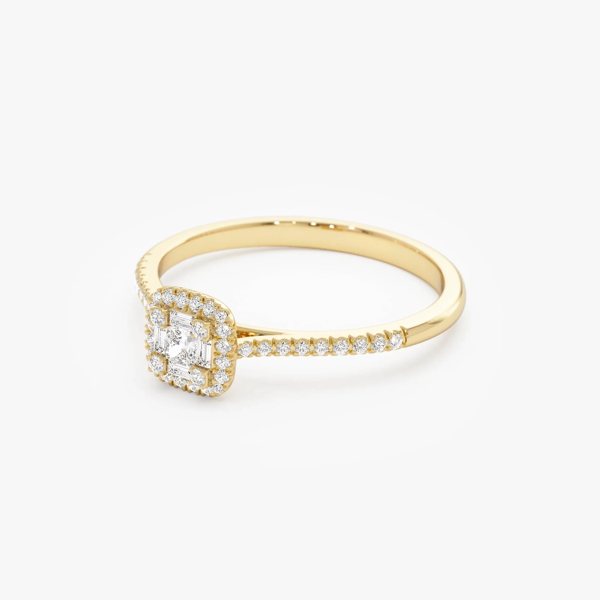14k Gold 0.25 CTW Round Baguette and Princess Cut Diamond Halo Ring