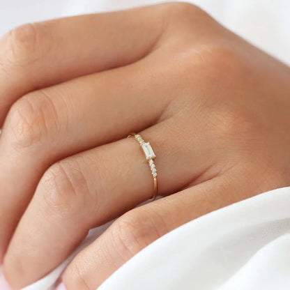 14K Solid Gold Baguette and Round Diamond 0.25 Ctw Prong Setting Engagement Ring