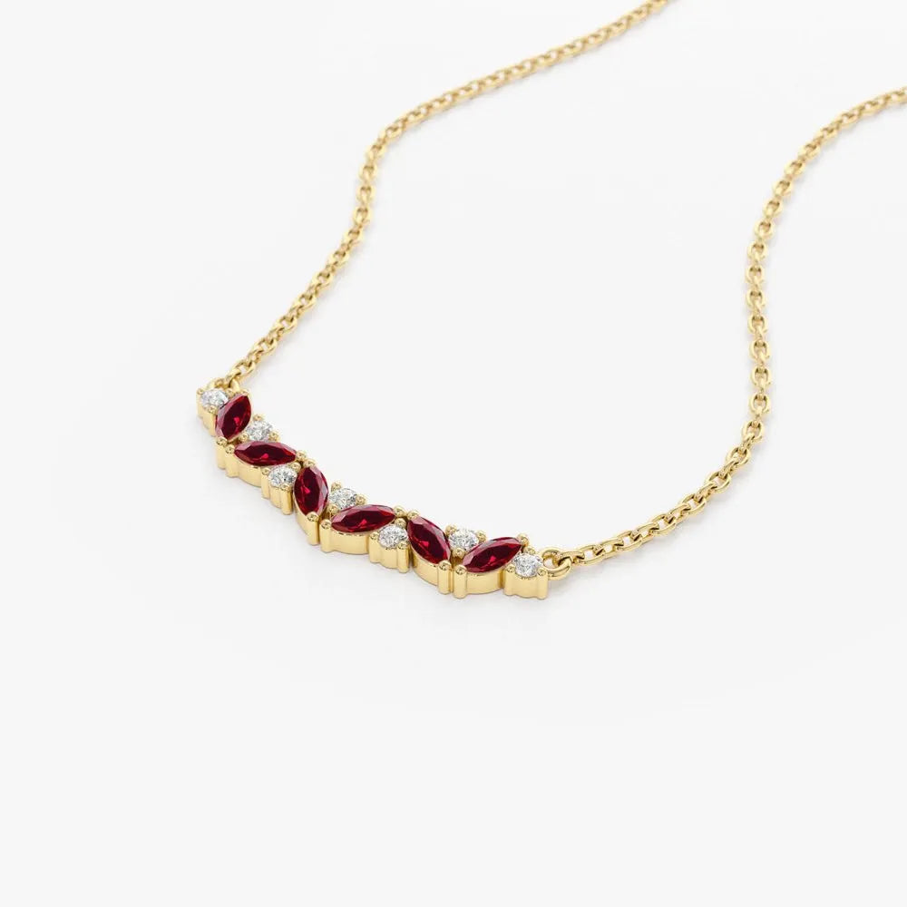 14k Solid Gold Ruby and Diamond Marquise Round Slanted Necklace 0.37 Carat