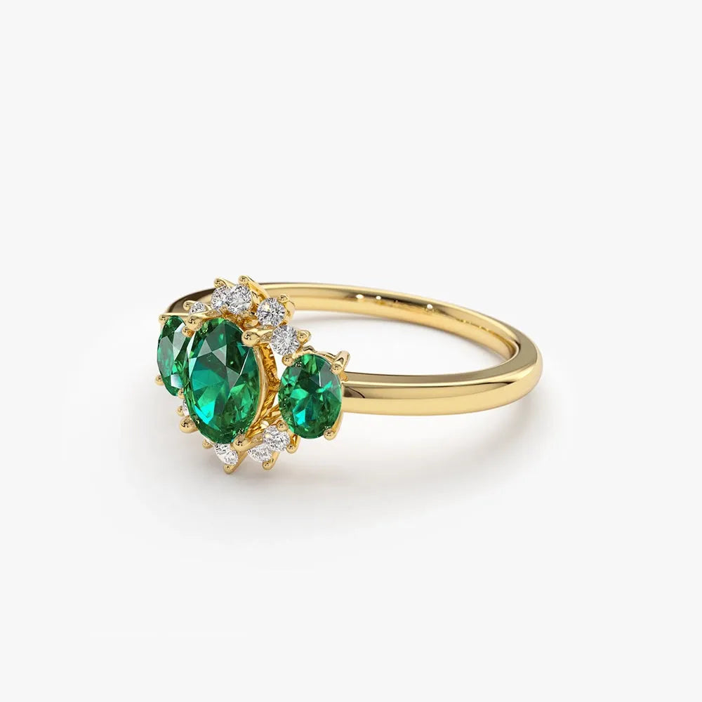 14K Gold Oval Emerald and Round Diamond Three Stone Cluster Ring 1.06 CTW