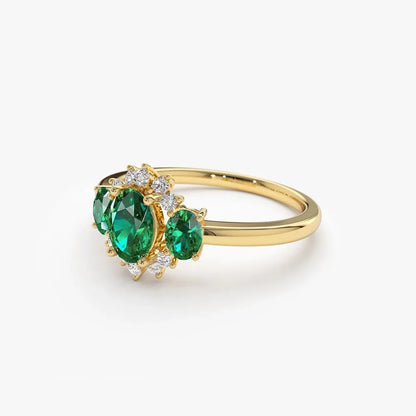 14K Gold Oval Emerald and Round Diamond Three Stone Cluster Ring 1.06 CTW