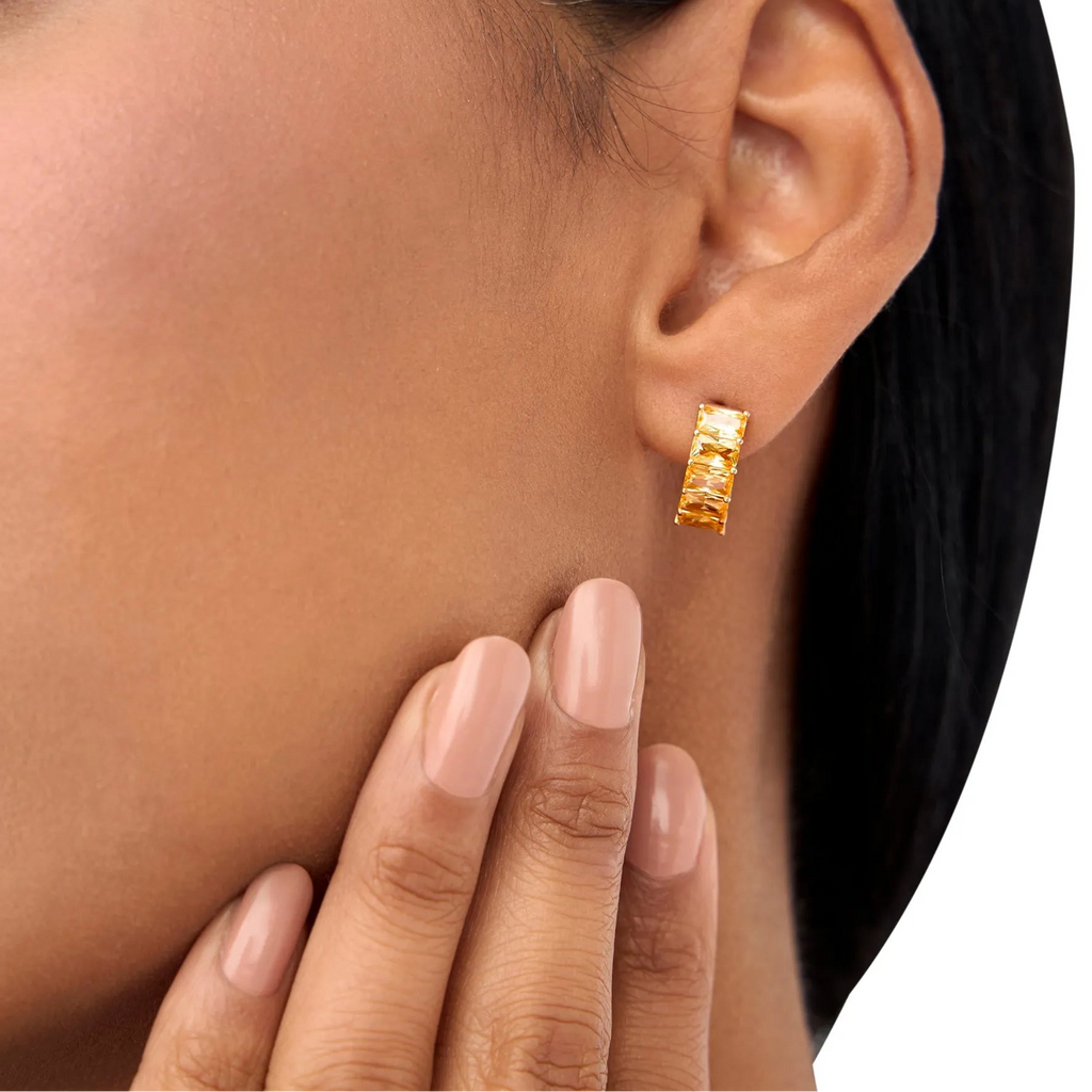 14K Solid Gold Octagon Cut Citrine Half Hoop Earrings 2.95ctw