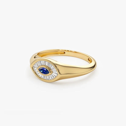14k Gold Sapphire and Diamond Marquise and Baguette Cut Ring 0.38 ctw