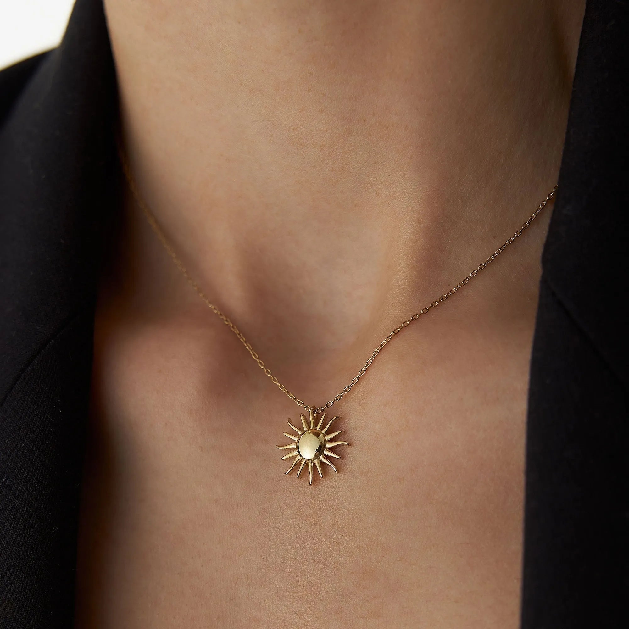 14k Solid Gold Glowing Sun Celestial Charm Pendant Necklace