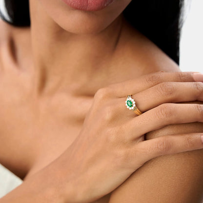 14K Solid Gold Oval Emerald and Round Diamond Bezel Halo Ring 0.60 CTW