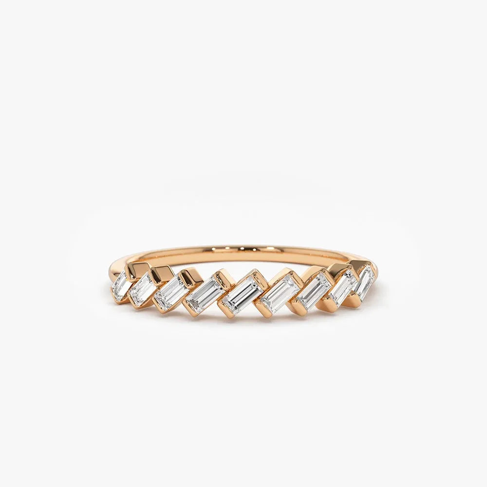 14K Gold Baguette Diamond 9 Stone Slanted Channel Set Ring 0.34 CTW
