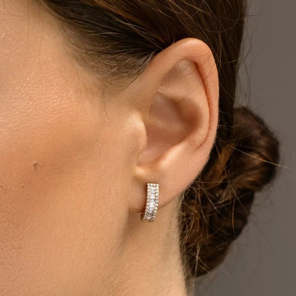 14k Gold Diamond Baguette and Round Cut Micro Pave Hoop Earrings 0.75 ctw