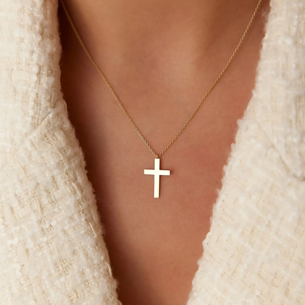 14k Solid Gold Plain Dangling Cross Charm Pendant Necklace