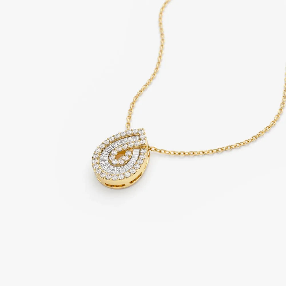 14K Solid Gold Baguette and Round Diamond Teardrop Statement Necklace 0.48ctw