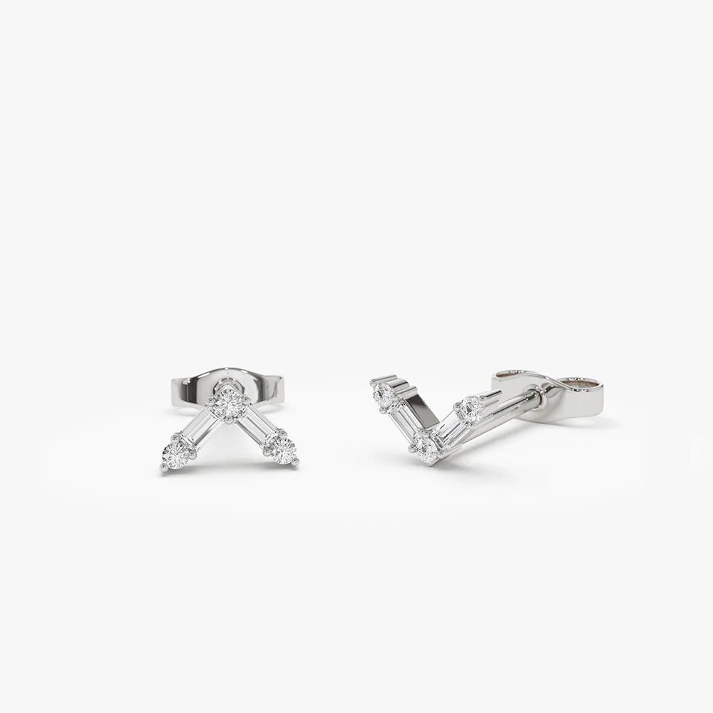 14k Gold Diamond Baguette and Round Cut Earrings Prong Setting 0.14 ctw