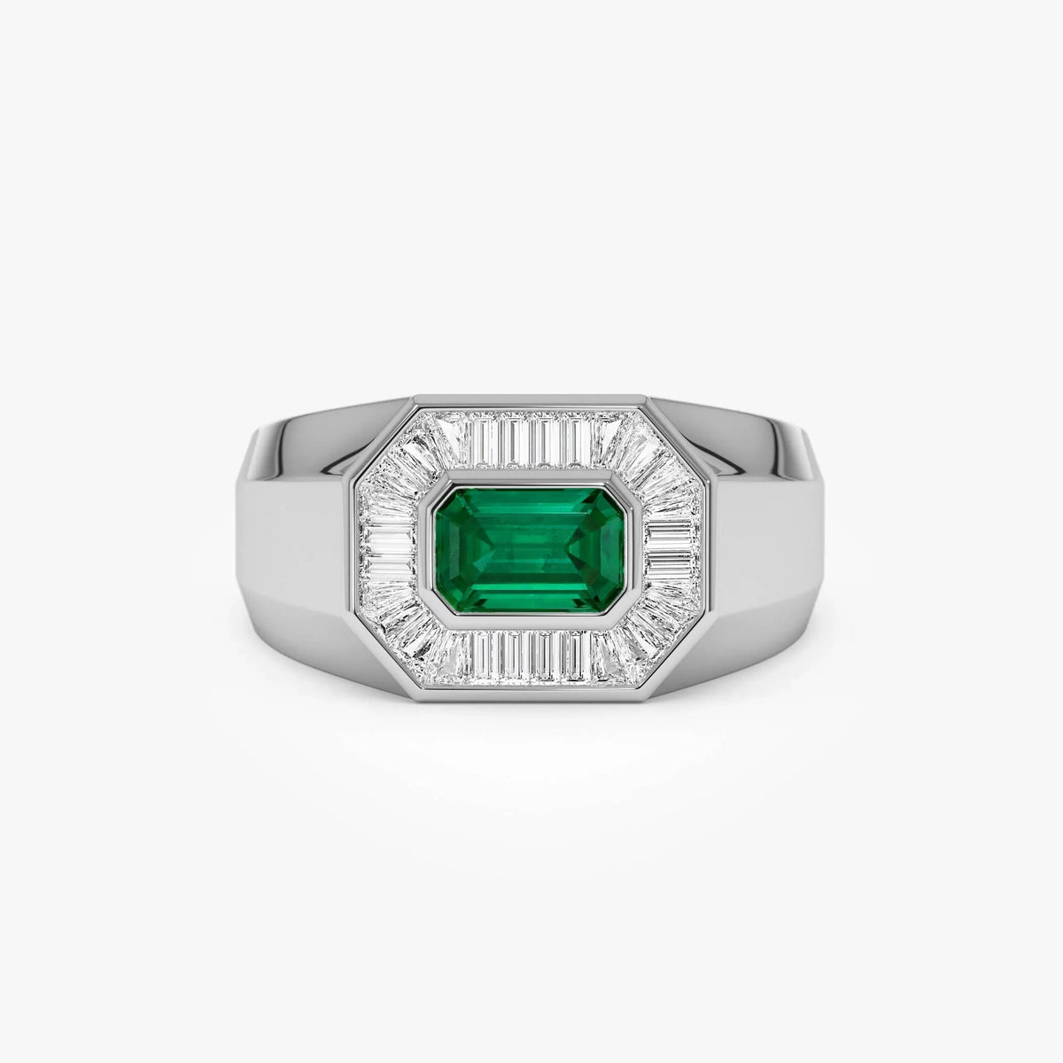 14K Solid Gold Octagon Emerald and Baguette Diamond Signet Ring 1.10 CTW