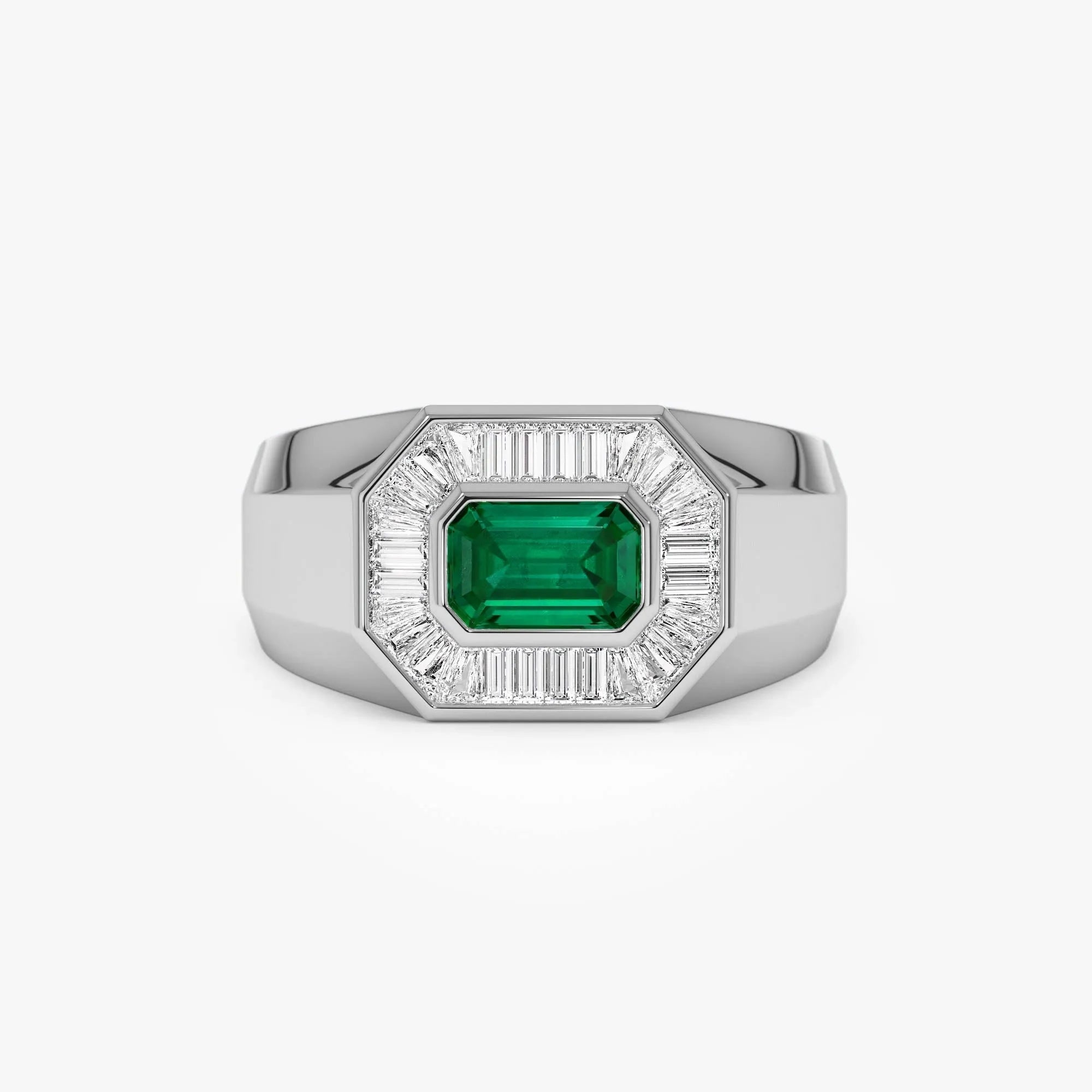 14K Solid Gold Octagon Emerald and Baguette Diamond Signet Ring 1.10 CTW