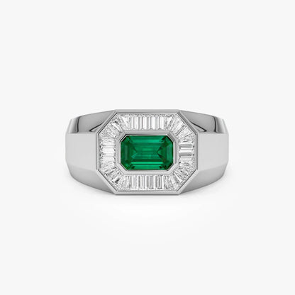 14K Solid Gold Octagon Emerald and Baguette Diamond Signet Ring 1.10 CTW