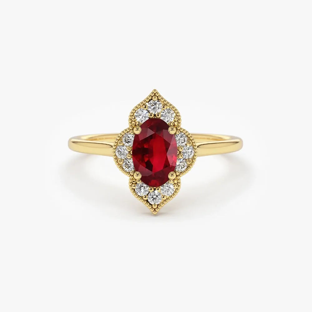 14k Gold Ruby and Diamond Oval Round Cut Victorian Ring Prong Micro Pave 0.58 ctw