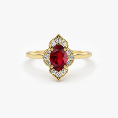 14k Gold Ruby and Diamond Oval Round Cut Victorian Ring Prong Micro Pave 0.58 ctw