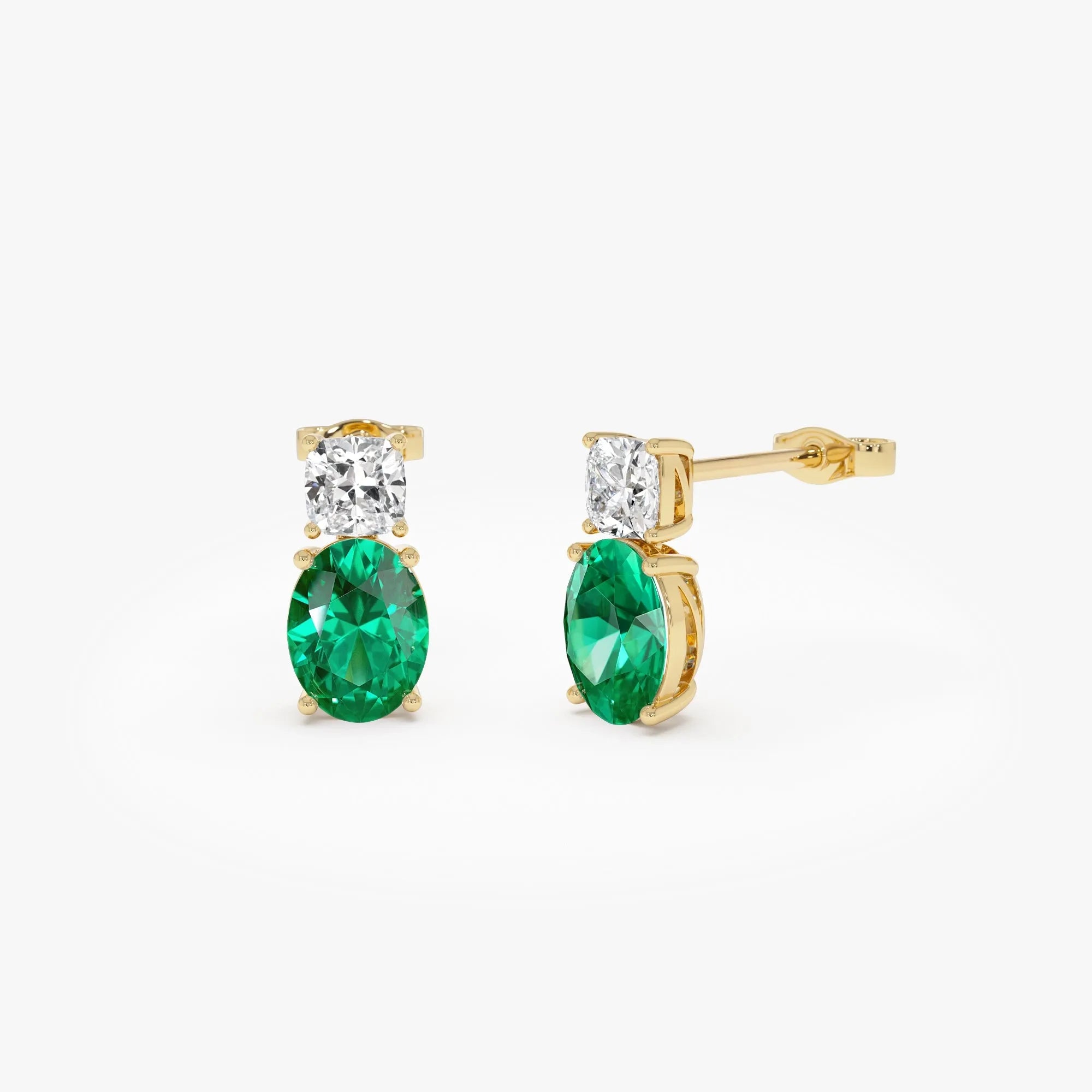 14k Gold Lab Grown Colombian Emerald and Diamond Oval and Cushion Cut Two-Stone Stud Earrings 3.00 ctw