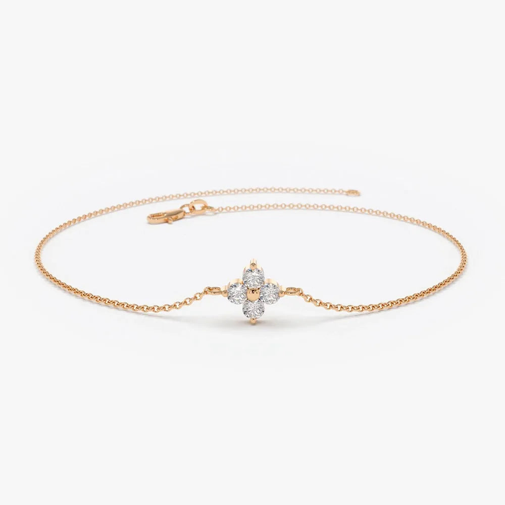 14K Solid Gold 0.14 CTW Round Diamond Clover Bracelet