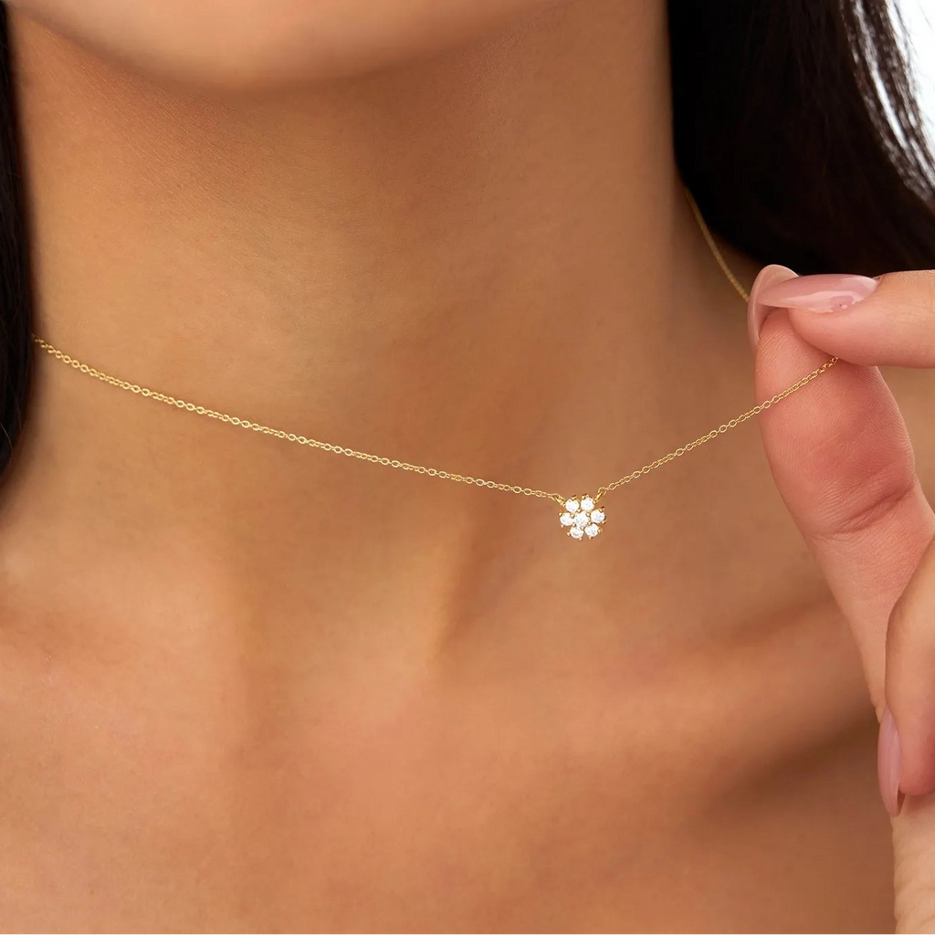 14K Solid Gold 0.23 CTW Round Diamond Cluster Flower Necklace