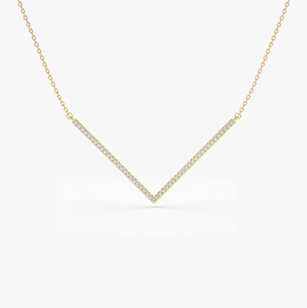 14K Solid Gold Round Diamond Micro Pave V Shaped Chevron Necklace 0.30ctw