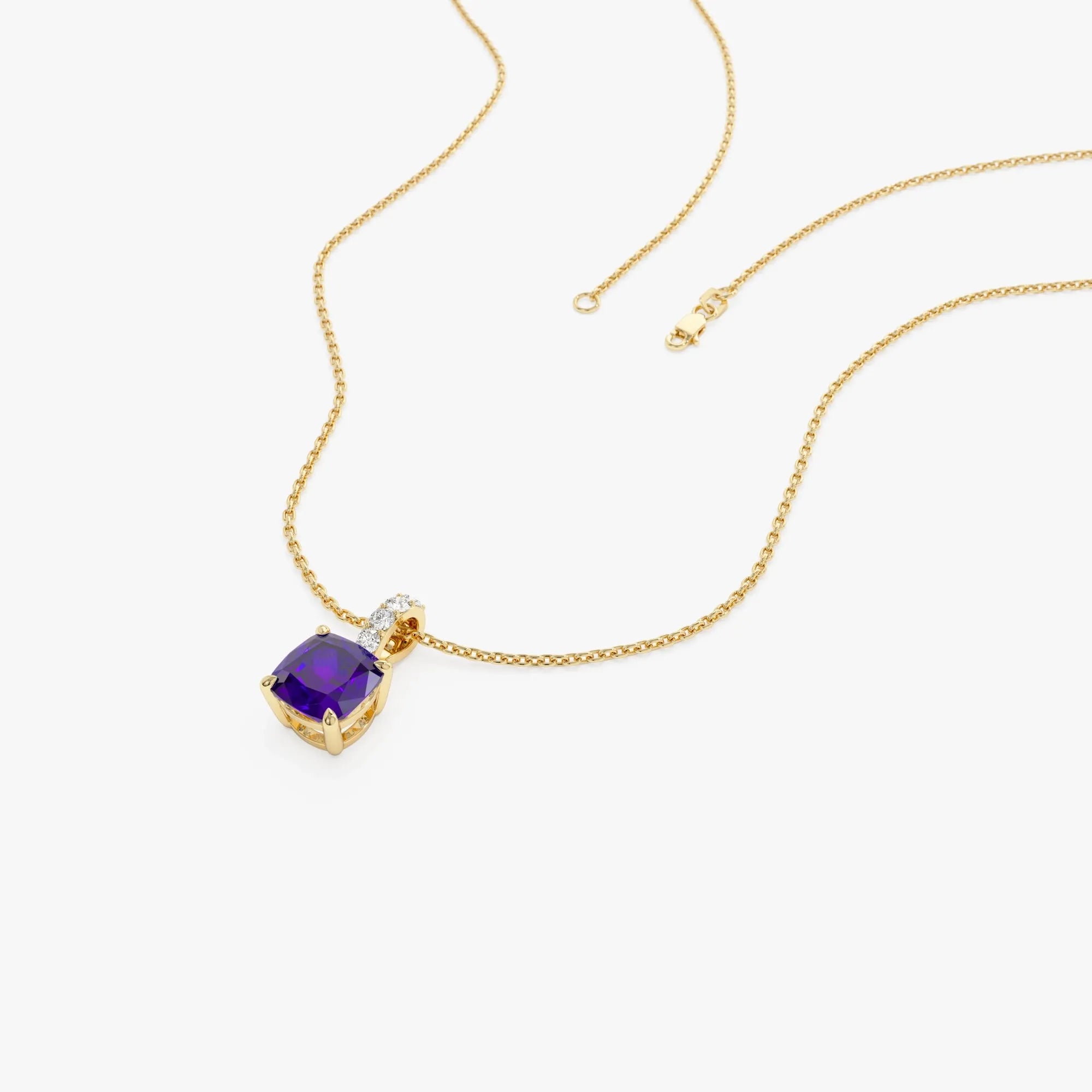14k Solid Gold Amethyst and Diamond Cushion Cut Pendant Necklace 1.02 Carat