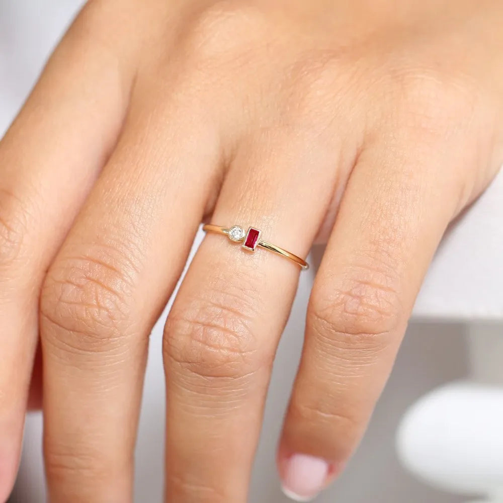 14k Gold Ruby and Diamond Baguette and Round Cut Minimalist Bezel Setting Ring 0.13 ctw