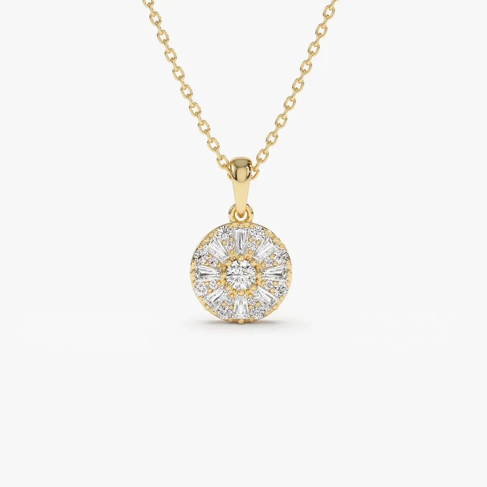 14K Solid Gold Baguette and Round Diamond Cluster Pendant Necklace 0.32ctw