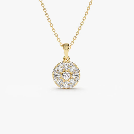 14K Solid Gold Baguette and Round Diamond Cluster Pendant Necklace 0.32ctw