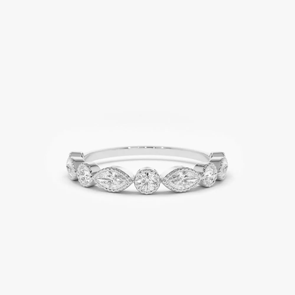 14K Gold 0.55 Ctw Marquise and Round Diamond Milgrain Bezel Setting Ring